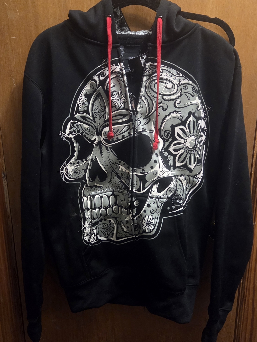 UNISEX Iron Fist Black Hoodie with Silver Skull Graphic and Red Drawcords